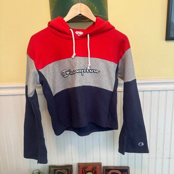 Champion Reverse Weave Colorblock Hoodie X-Small Red/Gray/Blue Cotton Blend - Picture 1 of 7